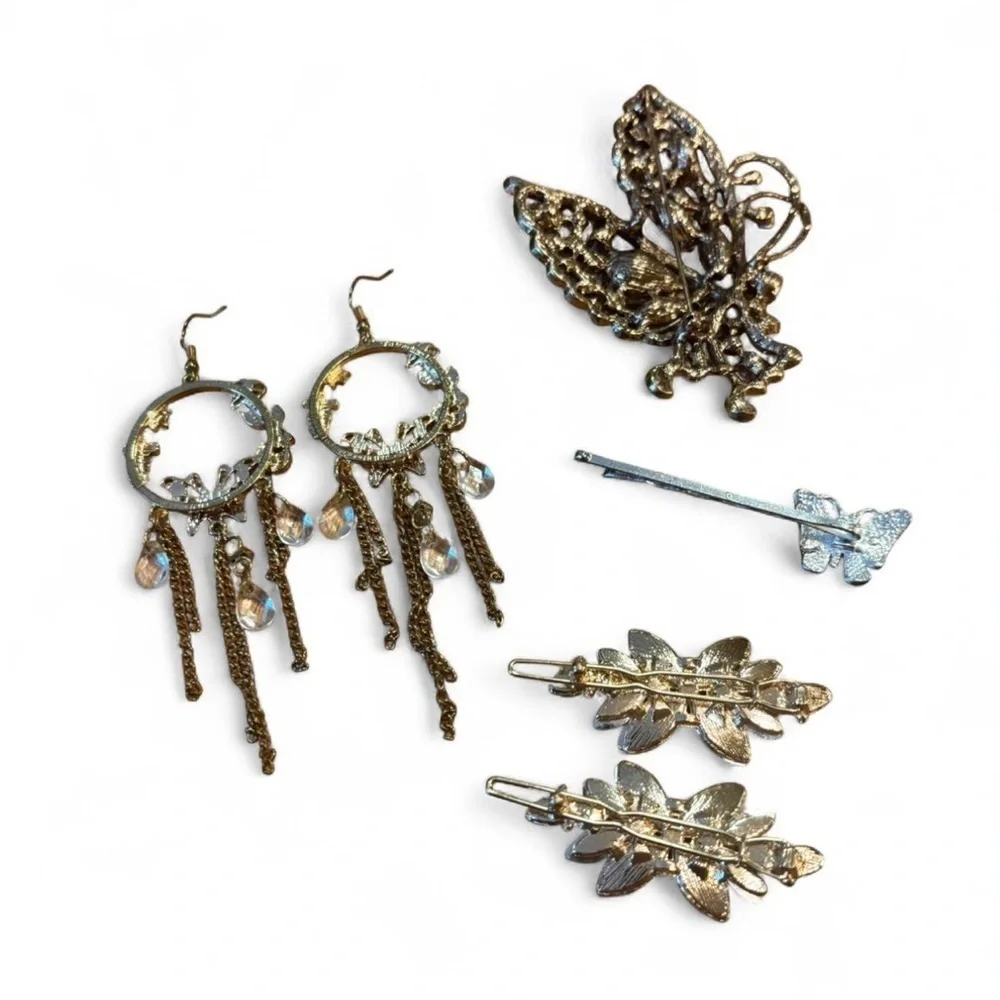 Vintage y2k Butterfly Jewelry Lot Tassel Earrings Rhinestone Brooch Hair‎ Clips